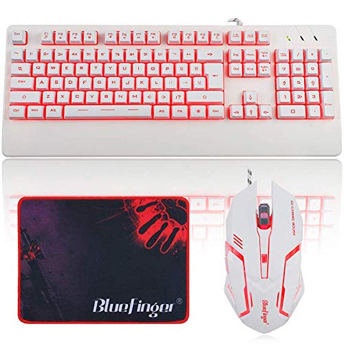 BlueFinger Gaming Keyboard and Mouse,LED Backlit Keyboard and Mouse Combo,USB Wired Keyboard with Ergonomic Wrist Rest for Game and Work - Keyboard Mouse Mouse Pad Set (White)