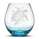 Sea Turtle Stemless Wine Glass, Bubbly Turquoise, Handblown, Tribal Design, Hand Etched Gifts, Sand Carved by Integrity Bottles