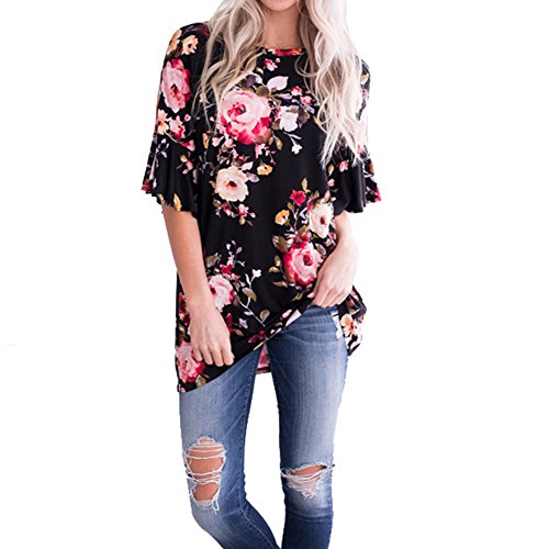 Kiess Ladies Sexy Casual Tops, Womenâ€™s Floral Printing T-Shirt Short Sleeve Blouse [ Black L ]