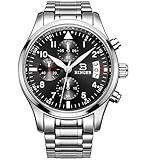 SONGDU Mens Date Military Multifunction Chronograph Watches Black Stainless Steel Luminous Numeral