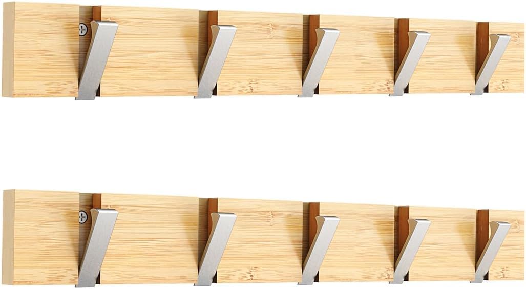 Anjuer Wall Mounted Coat Rack 5 Hooks Heavy Duty Hat Holder Bamboo Hooks Silver (5 bamboo hanger 2)