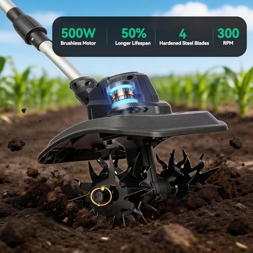 Battery Tiller with Shoulder Strap & Digital Display | Brushless Motor 500W | Width 23 cm | Compatible Makita Batteries 18 V & DeWalt 20 V | Cordless Electric Motorcycle 21 V
