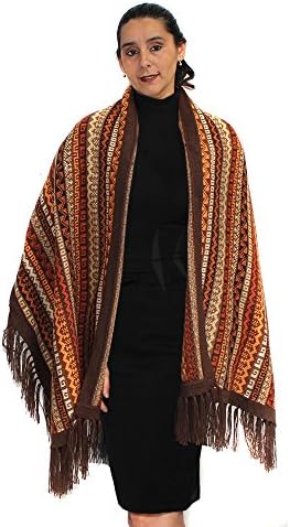 PASHMINA Shawl Wrap Cape Ruana JACKARD Lines Geometric made in PERU Multicolor -brown