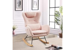 LOPOO Nursery, Teddy Upholstered Baby Glider with High Backrest Lumbar Cushion Side Pockets, Recliner with Comfy Headrest Rocking, Uplostered Accent Chair for Living Room Bedroom, Pink
