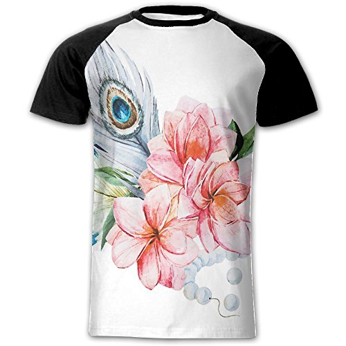 Newfood Ss Watercolor Peony Anemone Flowers Peacock Feather and Beads Artful Image Men's Short Sleeve Raglan T XL