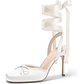 Coutgo Womens Ballet High Heels Satin Closed Square Toe Ballerina Heels Lace Up Bow Pumps Prom Shoes