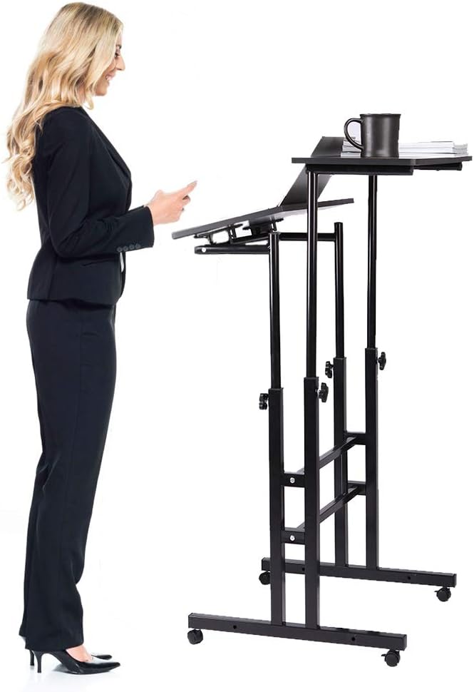 SIDUCAL Mobile Stand Up Desk, Adjustable Laptop Desk with Wheels Home Office Workstation, Rolling Table Laptop Cart for Standing or Sitting, Black: Kitchen & Dining