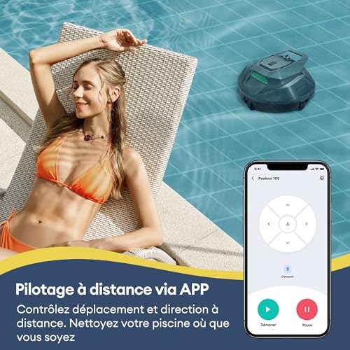 Robot Piscine Pooleco 10s, Robot Nettoyeur de Piscine sans Fil 90min, Contrôle Via Application et à Distance, Auto-Parking, pour Toutes Les Surfaces de Piscines Hors Sol et Enterrées Jusqu’à 80㎡