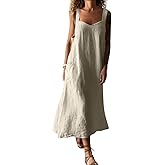 chouyatou Women's Summer Spaghetti Strap Sleeveless Linen Overall Dress Casual A-Line Midi Long Beach Dress