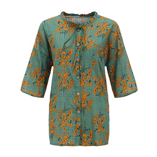 YEZIJIN Women Plus Size Print Pocket Bandage Casual Linen O-Neck Blouse T-Shirt Tops Blouse Tee Under 10 Dollars Green