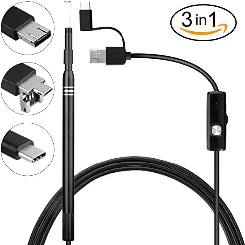 Ear Cleaning Endoscope,Newforshop 3 in 1 Borescope Inspection Ear Wax Remover Tool 1.3Megapixels HD Waterproof Camera with 6 Adjustable LED Light Suitable For Android Micro/Type-C/USB PC