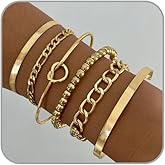 ANGLEQUEEN Chunky Gold Bracelets for Women Beaded Pearl Bracelet Stackable Bangle Cuff Statement Bracelet Set Layered Link Chain Bracelets Set Fashion Jewelry Gift for Women