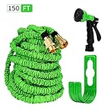 HBlife 150 ft Expandable Lawn Garden Water Hose with 8 Spray Pattern Nozzle - Triple Latex Core, Solid Metal Ends