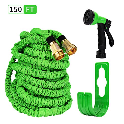 HBlife 150 ft Expandable Lawn Garden Water Hose with 8 Spray Pattern Nozzle - Triple Latex Core, Solid Metal Ends