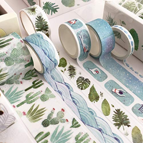 8Pcs Green Leaves Cactus Journal Washi Tape Adhesive Tape DIY Scrapbooking Sticker Label Masking Tapes