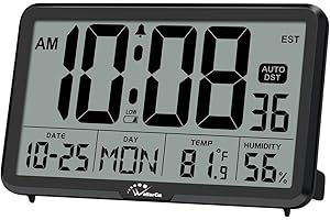 WallarGe Auto Set Digital Wall Clock Battery Operated, Desk Clocks with Temperature, Humidity and Date, Large Display Digital Calendar Alarm Clock for Elderly, Bedroom, Office, 8 Time Zone, Auto DST.