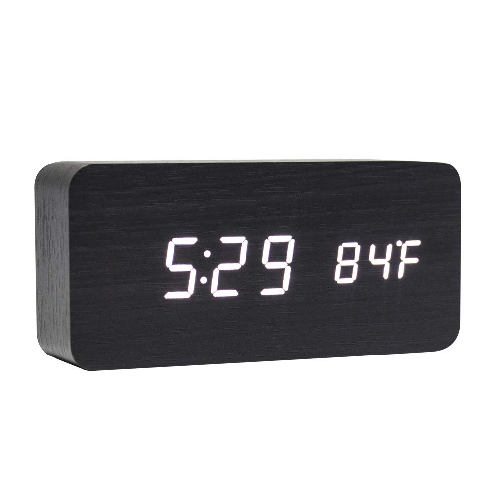 Lancoon Wooden Digital Clock Multi-function LED Alarm Clock with Time/Date/Temperature Display and Voice Control for Home Office Travel AC11Black_White