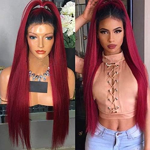 Ombre Red Wig Lace Front, Silky Straight Synthetic Red Frontal Lace Wigs For Women