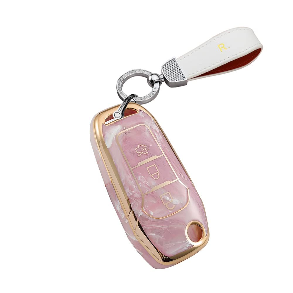 HIBEYO Flip Key Car Key Case Suitable for Ford Protective Case Remote Control Key Case for Ford C-max S-max Edge Kuga Ranger Mondeo Key Case Remote Key Flip Pink
