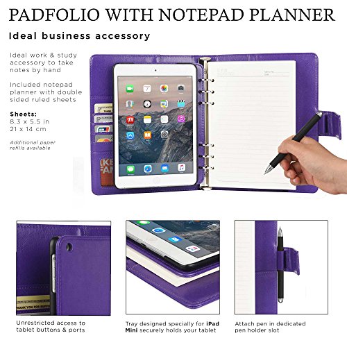 Cooper FOLDERTAB Padfolio Case Compatible with iPad Mini 3, iPad Mini 2, iPad Mini 1 | Business Executive Organizer with Notepad | Vegan Leather, Left Right Handed Binder, Notebook Refill (Purple)