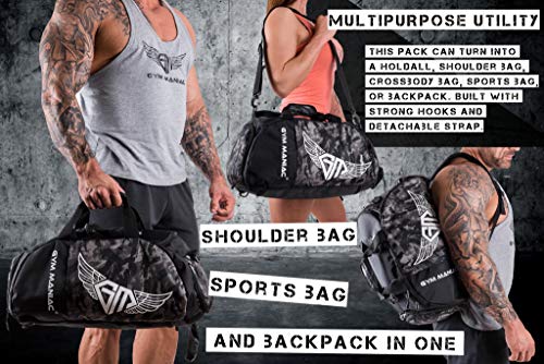 Gym Maniac GM 3-Way Gym Bag - Workout, Sport, Travel, Weekend and Overnight Duffle, Backpack, Crossbody, Shoulder Carry Bags - Fitness Accessories for Men and Women - Waterproof Gear Organizer - 30L
