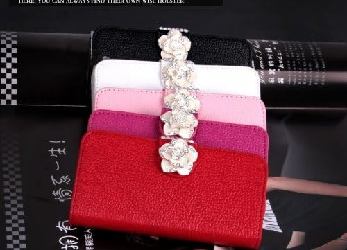 Luxury Crystal Rhinestone Camellia Leather Card Flip Card Holder Wallet Case Cover for Sony Xperia E Dual C1605 C1604 C1505 (red)