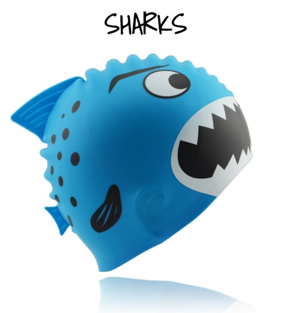 AmeiTech Kids Swim Cap,Cute Design Kids Fun Silicone Swim Caps - Swim Goggles with Nose Clip and Ear Plugs for Boys and Girls - Blue