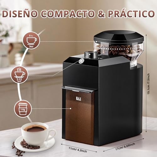 Molino de Café Eléctrico, 28 Ajustes de Molienda Precisión, Capacidad Ajustable para 2-12 Tazas con Función de Temporizador, Molino Cónico de Acero Inoxidable para Prensa Francesa, Café de Goteo, Moka