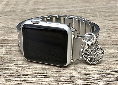 Silver Brushed Aluminum Metal Bracelet For Apple Watch 38mm All Series Handmade Flowers Design Jewelry Band for Apple Watch Vintage Tree Of Life Charm Adjustable Size Fashion Accessory Wristband - Thumbnail 6