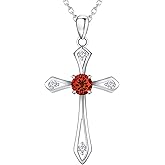 QUALISE Cross Necklace for Women,925 Sterling Silver Birthstone Necklace with Diamond Faith Religious Birthstone Jewelry Birthday Holiday Gifts for Her/Wife/Mom/Girlfriend
