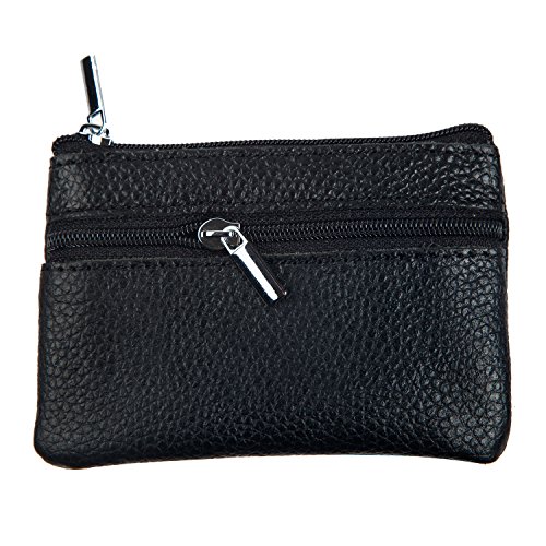 Genuine Leather Zipper Card Case Wallet / Minimalist Coin Change Purse - Black