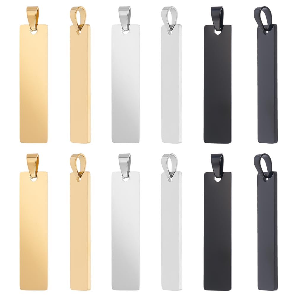 UNICRAFTALE 12pcs 3 Colors 41x10mm 304 Stainless Steel Pendants Rectangle Stamping Blank Tag with Pick Pinch Bail Metal Flat Charm for Necklace Earring DIY Jewelry Making
