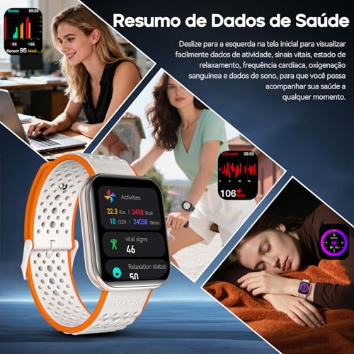 Relógio Smartwatch Masculino e Feminino, 1ATM Impermeável, Chamadas Bluetooth, Monitor de Atividades Físicas, Compatível com Android e iOS, Inclui Pulseira Extra para Uso Diário e Academia