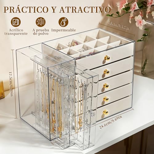 Organizador Acrílico para joyas, Joyero Transparente con 5 Cajones, Soporte para Collar de Acrílico, Terciopelo Beige, Joyero Multifuncional, para Relojes, Collares, Pendientes, Anillos
