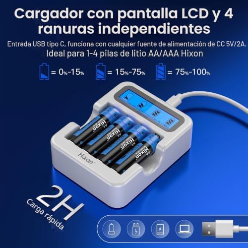 Pilas de litio AA, batería de litio recargable de 1,5 V AA, 3500 mWh y 1600 ciclos largos, 8 unidades de batería de litio de 1,5 V AA con carga rápida blanca LCD cargador