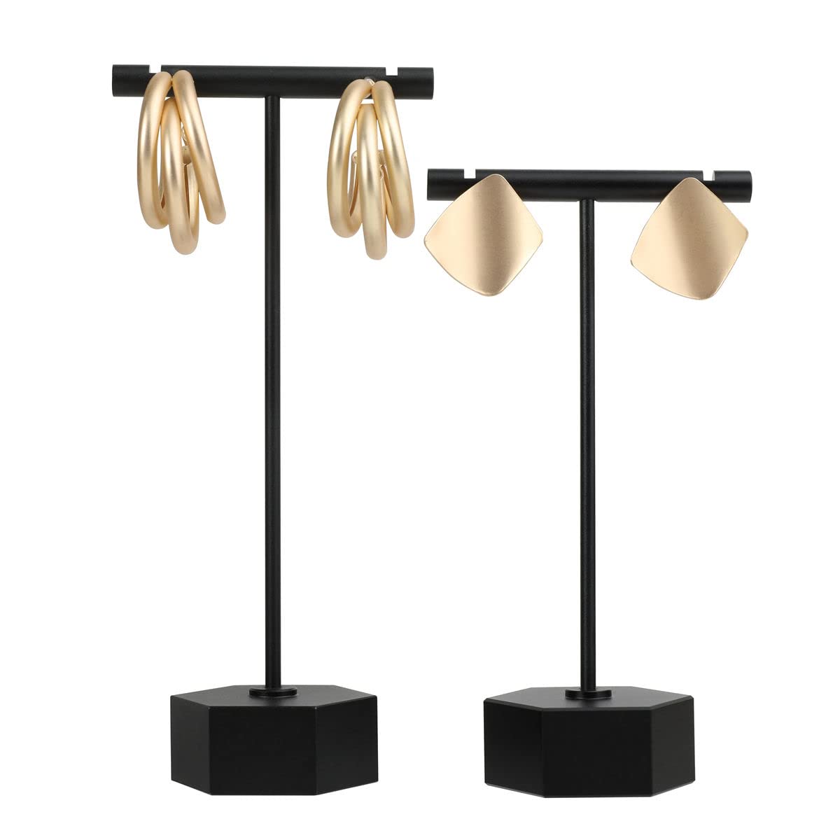 GemeShou 2pcs Black T Bar earring display stand for show, Metal jewelry earring holder for selling, Boutique store earring photography props【Black-Hexagon Base 2pcs】