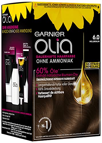 Garnier Olia Permanente haarkleur zonder ammoniak, met voedende en natuurlijke oliën, volledige grijze haardekking, permanente kleuring, nr. 6.0 lichtbruin, 1 stuk