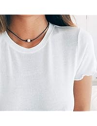 KWHY Single White Pearl Choker Necklace with Three Beads Freshwater Pearls Choker Necklace on Genuine Leather Cord Knotted Jewelry for Women Girls