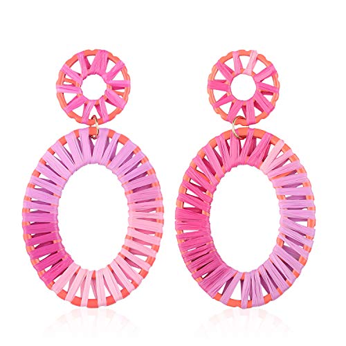 Statement Earrings for Women Rattan Drop Hoop Raffia Geometric Handmade Rainbow Earring Daily Party with Gift Box HLE142 Purple Pink - Thumbnail 7