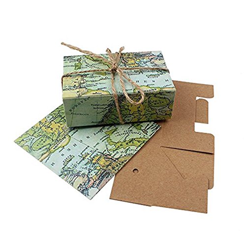 50pcs Candy Favor Boxes Kraft Bonbonniere with Burlap Chic Twine, Ehonestbuy Retro World Map Pattern Paperboard Gift Box for Wedding Party Birthday Baby Shower Candy Decoration