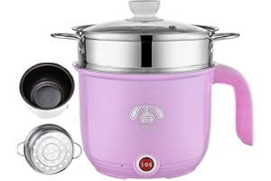 Wxvimi Electric Noodle Pot,Electric Cooking Pot,Rapid Noodles Cooker,1.8L Electric Ramen Cooker with Steamer,Non-Stick Mini Hot Pot Electric,Suitable for Pasta,Dumplings,Eggs,Soup,Porridge(Pink)