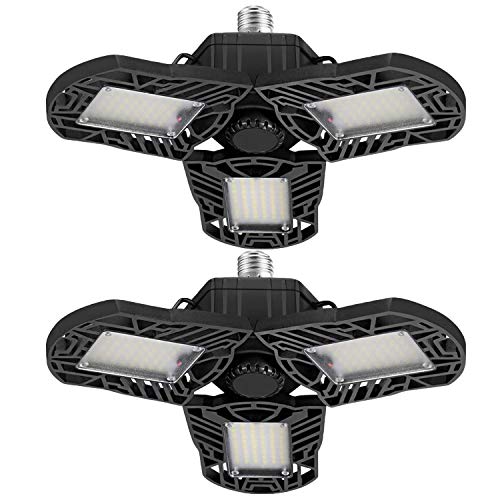 2Pack LED Garage Lights, 6000Lumens Deformable Garage Light, 60W Ultra-Bright Trilight Lamp Set with 3 Adjustable Aluminum Panels, CRI 80, 6000K Nature Light for Shop, Garage, Warehouse