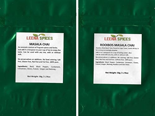 LEENA SPICES – Masala Chai And Rooibos Red Tea Spice Powder – Gluten, Sugar And Dairy Free Blend – Spiced Instant Mix - No Salt, Sodium Or Food Coloring - Enjoy Refreshing Latte Tea Or Coffee.