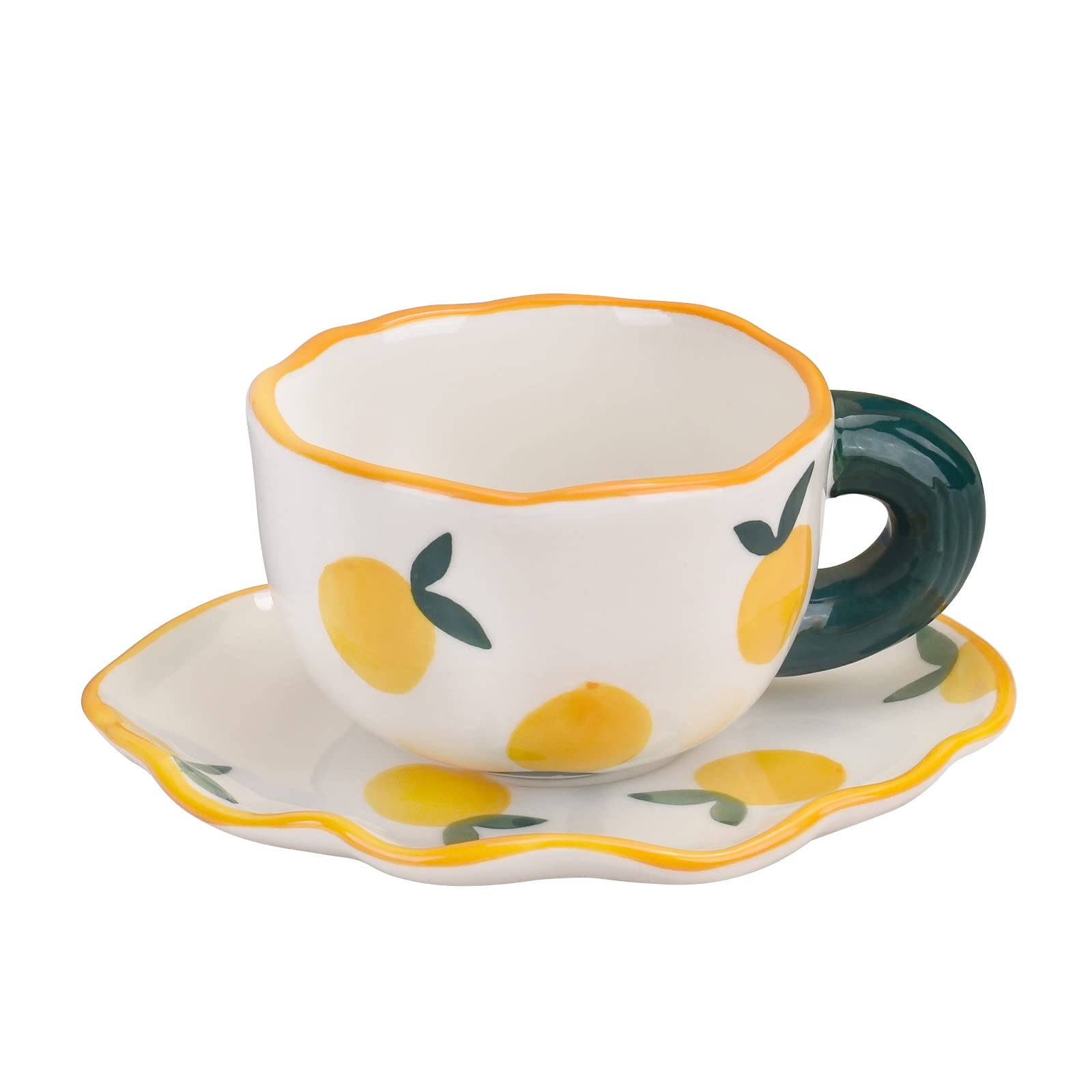 Koythin Ceramic Coffee Mug with Saucer Set, Cute Creative Cup Unique Irregular Saucer Design for Office and Home, Dishwasher and Microwave Safe, 6 oz/180 ml for Latte Tea Milk (Fresh Orange)