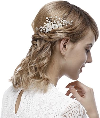 HailieBridal Pearl Rhinestone Golden Leaf Bridal Headpiece Wedding Hair Comb