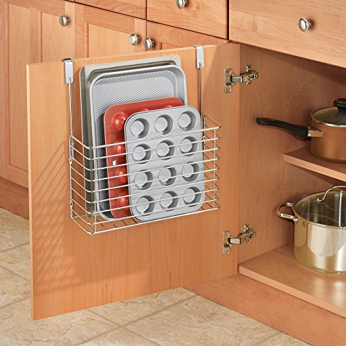 mDesign Over the Cabinet Kitchen Bakeware Organizer Basket for Cutting Boards, Baking Sheets- Pack of 2, Chrome