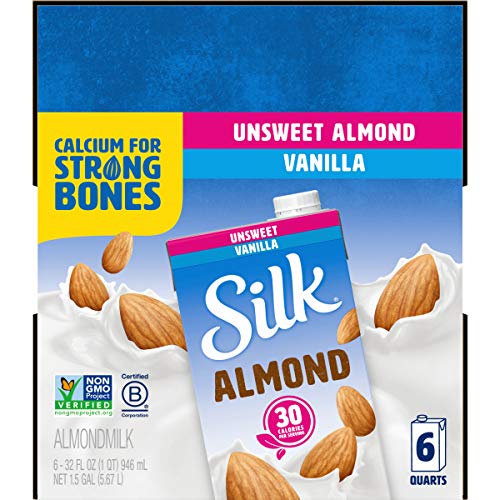 SILK SHELF-STABLE ALMOND MILK, UNSWEETENED VANILLA, DAIRY-FREE, VEGAN, NON-GMO PROJECT VERIFIED, 1 QUART (PACK OF 6)