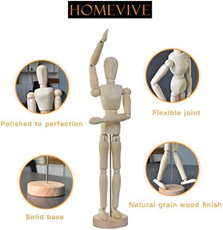 Wooden Drawing Model,Human Art Mannequin/Manikins for Drawing,12'' Tall.Made of Seasoned Hardwood,Male,with Base and Flexible Body,a Great Tool for Artists,also Makes an Interesting Desk Decoration