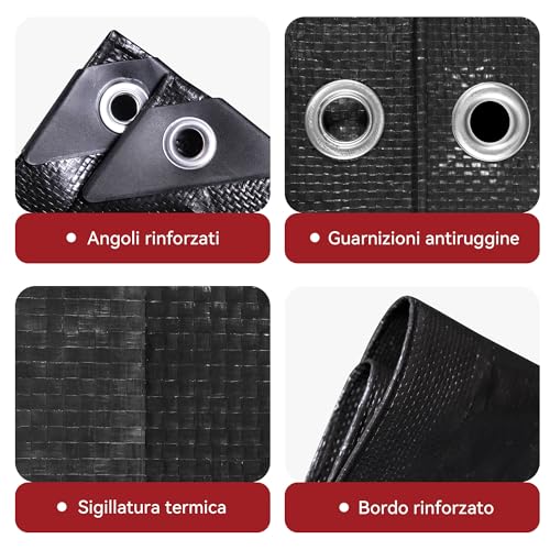 COVALL Waterproof Tarpaulin 115 g/m² 3 x 4 m Black Tear-resistant Anti-UV with Metal Eyelets Multipurpose for Camping, Garden, Car and Trampoline
