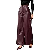 Milumia Women's Faux Leather Wide Leg Pants High Waist Button Dressy Casual Long Trousers